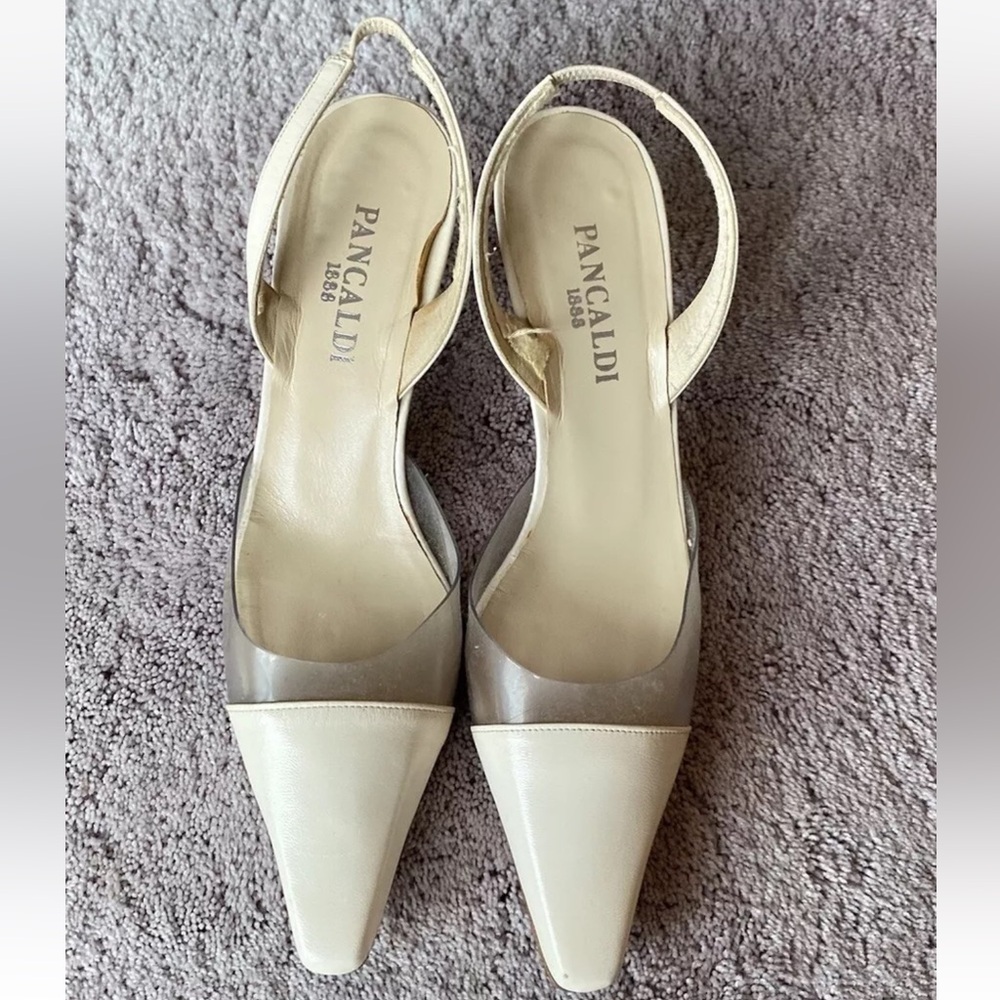 VTG Pancaldi Sling back Plums Heels Peep Toe Beige Size 7.5 AA Made In Italy